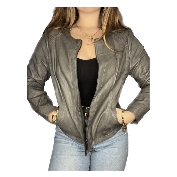Alfani Vegan Leather Jacket - Charcoal Gray (Petite L) - Picture 2 of 4